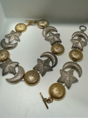 Two-Tone Gold & Silver Moon and Star Statement bracelet & necklace.